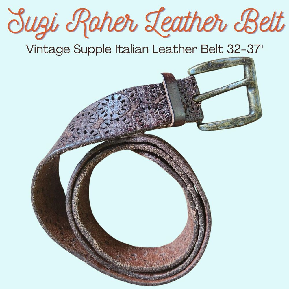 Suzi Roher Leather Belt, Dark Brown Pierced Italian Leather, Etched Brass Buckle